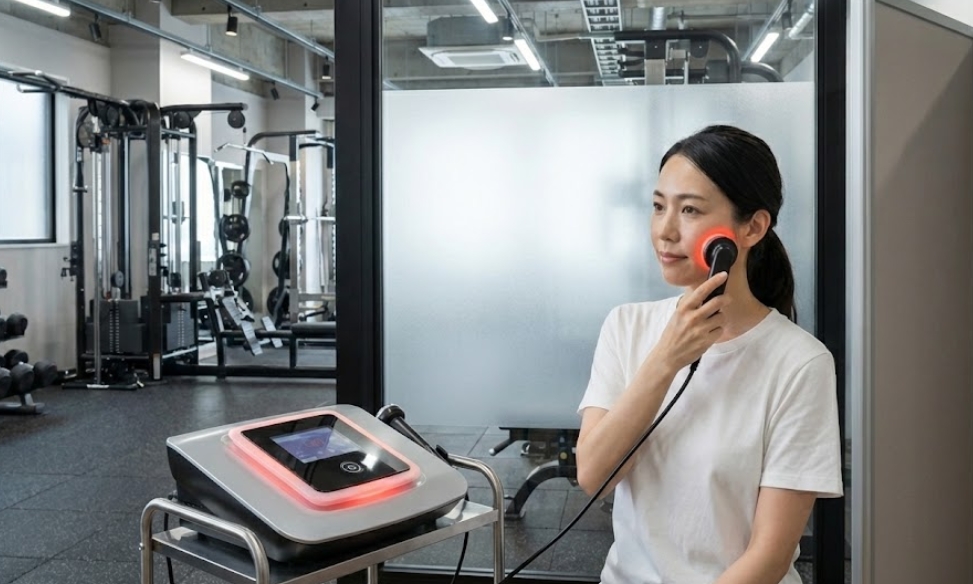 ジムのトレーニング機器が見えるガラス張りの個室ブース内で、白いTシャツを着た女性が、赤い光が出ているセルフエステマシンのプローブを頬に当ててラジオ波ケアを行っている様子。