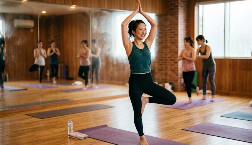 自然光が差し込む温かい木製床のヨガスタジオで、中央に笑顔の日本人女性がヴリクシャーサナ（木のポーズ）をとっている。彼女は濃い緑色のタンクトップと黒いレギンスを着用し、両手を頭上で合掌して左脚でバランスをとっている。彼女の後ろの全面鏡には、彼女の姿と、ヨガのポーズをとる他の数人の日本人参加者が写っている。スタジオの壁はレンガと木材で、大きな窓がある。手前の紫色のヨガマットには水の入ったペットボトルとタオルが置かれている。初心者クラスの様子。