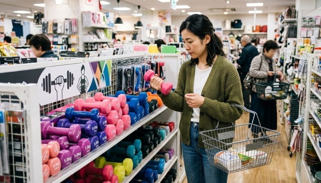 明るい100円ショップのフィットネスコーナーで、カーキ色のカーディガンとジーンズを着たアジア人女性が、右手にピンク色のビニールコーティングされたダンベルを持って棚を見ている。棚には、ピンク、青、紫、緑など、さまざまな色と重さ（1.0kg、2.0kgのラベルが見える）のダンベルが並んでおり、上部にはフィットネスのグラフィックサインがある。女性は左手に金属製の買い物かごを持っており、中にはパンのようなものが入っている。背景には、ぼやけた他の客がいる。
