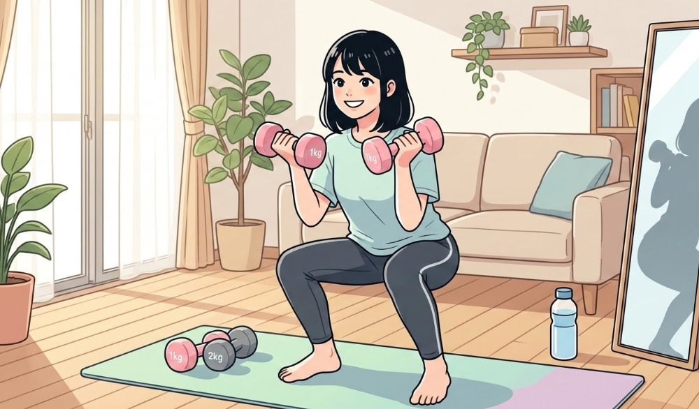 100均のダンベルを使って、明るいリビングでスクワットをする日本人女性のイラスト。隣の鏡には彼女のシルエットが映っている。