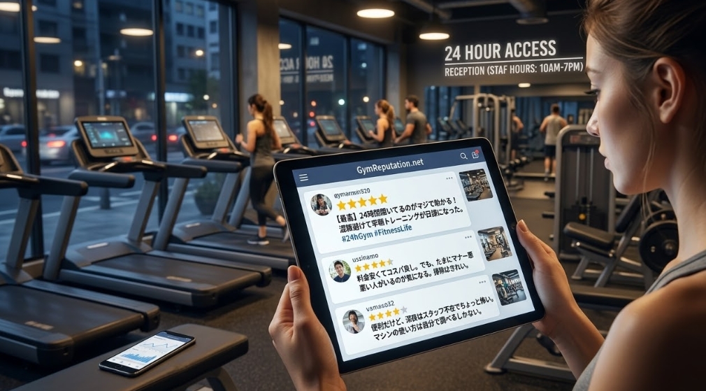 モダンな24時間ジムの夜景を背景に、女性が「GymReputation.net」という架空のアプリで日本語のジムレビューを読んでいるタブレットのクローズアップ。タブレット画面には、星評価と「【最高】24時間開いてるのがマジで助かる!」や「料金安くてコスパ良し」といった肯定的なコメントと、「深夜はスタッフ不在でちょっと怖い」といった複雑なコメントが表示されている。背景には、トレッドミル、ウェイトマシン、そして「24 HOUR ACCESS」のネオンサインが見える