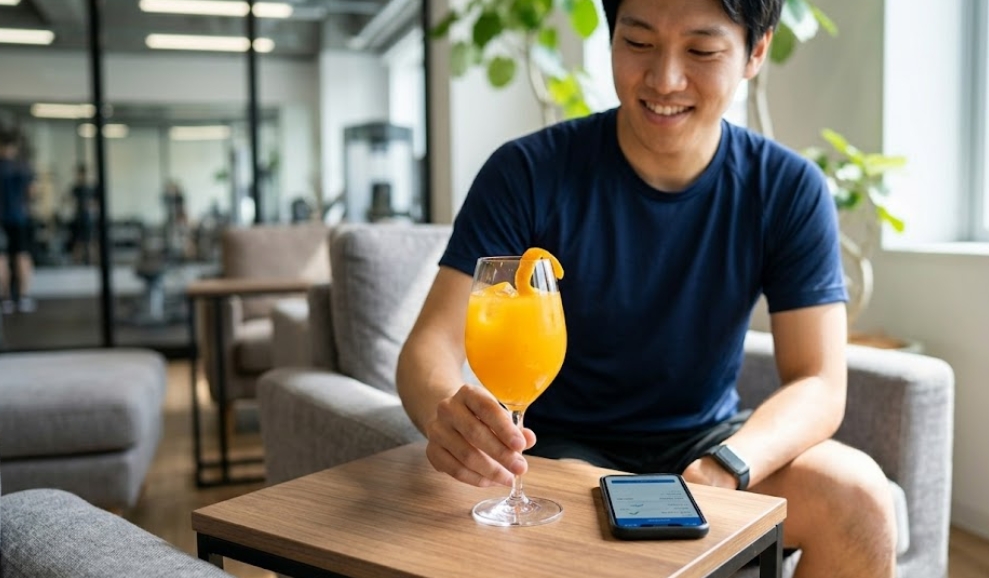 トレーニング後のジムのラウンジ。アプリでの記録(スマートフォンの画面が見える)を終え、笑顔でみかんジュースのグラスを手にする日本人男性。グラスは結露しており、氷とみかんの皮が添えられている。背景にはぼかしたジム設備が見える。