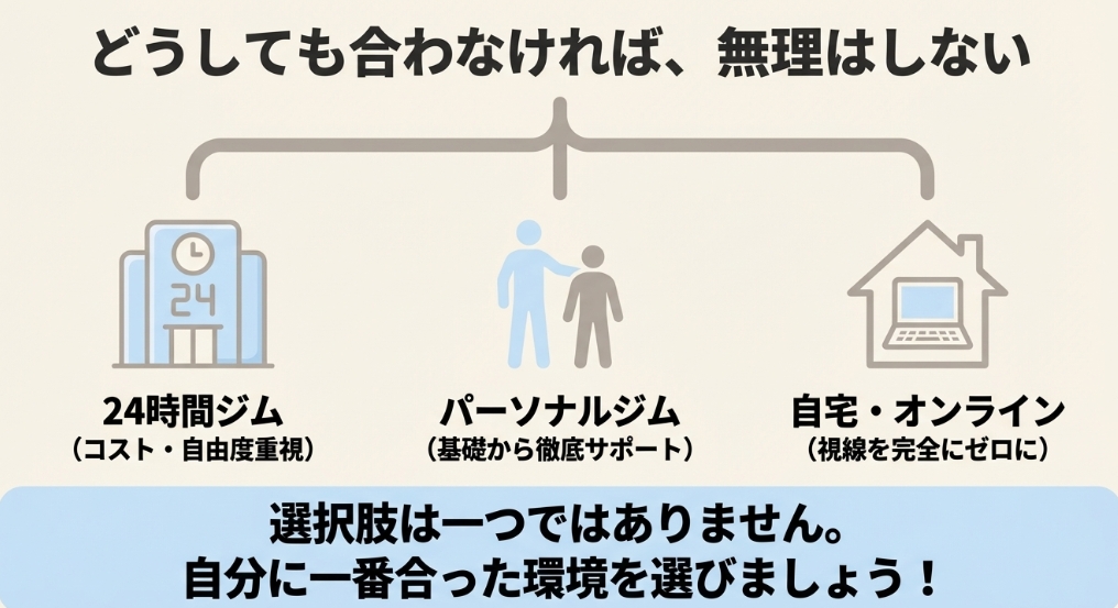 24時間ジムが合わない場合のパーソナルジムやオンラインフィットネスなど別の選択肢の提案