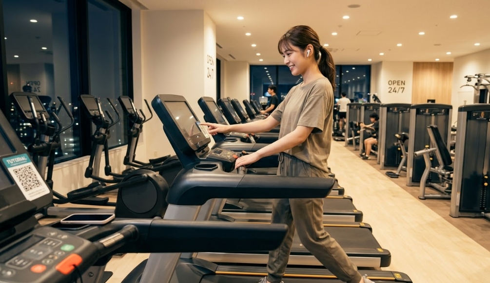 24時間ジム（夜）で、ワイヤレスイヤホンを装着し、自信を持って笑顔でトレッドミルを操作する、快適なフィットネスウェアを着た日本人の初心者女性。主体性と自分なりの通い方を見つけた様子を表現している。