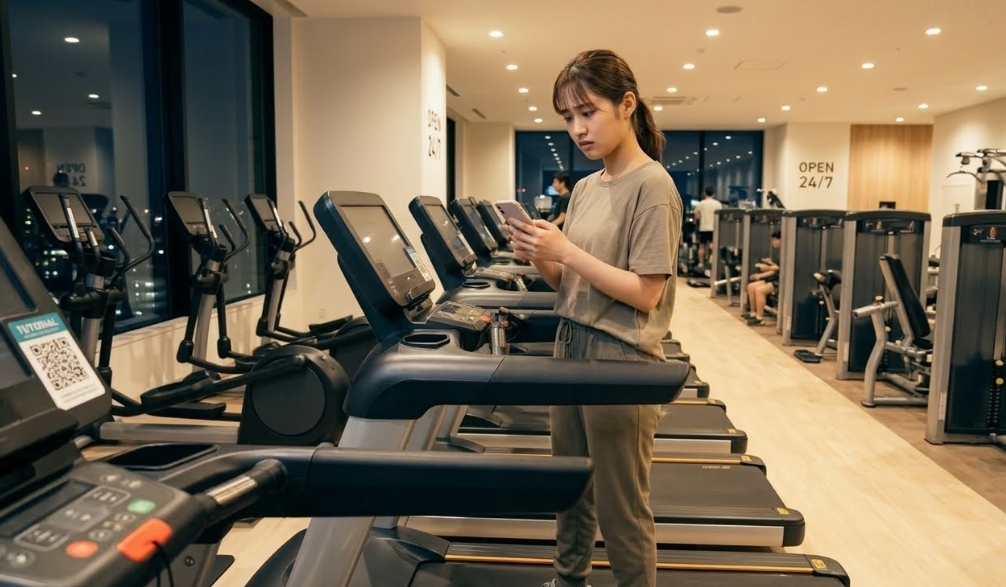 よく照明された夜間の24時間ジムで、カジュアルなカーキ色のワークアウトウェアを着た若い日本人女性が、トレッドミルの横に立ってスマートフォンをじっと見つめている。彼女の表情は少し戸惑っているように見え、トレッドミルの画面にはチュートリアル用のQRコード付きタブレットがある。背景には他のジム機器や運動する人々が見える。