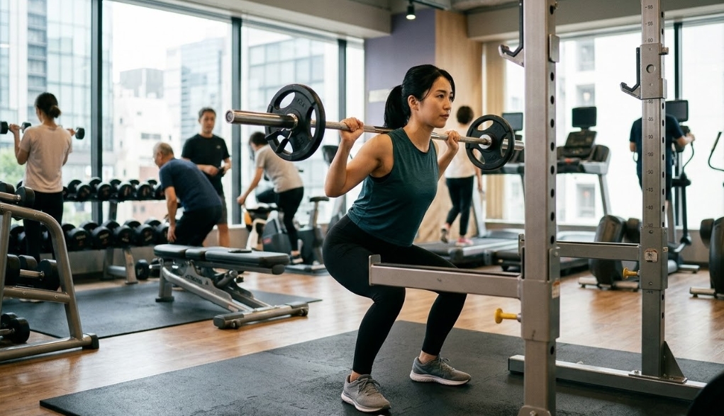 明るい昼間のエニタイムフィットネス港区支店で、ポニーテールの日本人女性(20代後半、ティールのタンクトップと黒いレギンス)がパワーラックの中でバーベルを担いでスクワットをしている。窓からは港区の urban landscape(現代的な建物、東京タワーはない)が見える。奥ではぼかされた他の日本人メンバーがダンベルやトレッドミルでトレーニングをしており、活気のある雰囲気。画像内に読める文字、文字、ロゴはない。集中した表情。