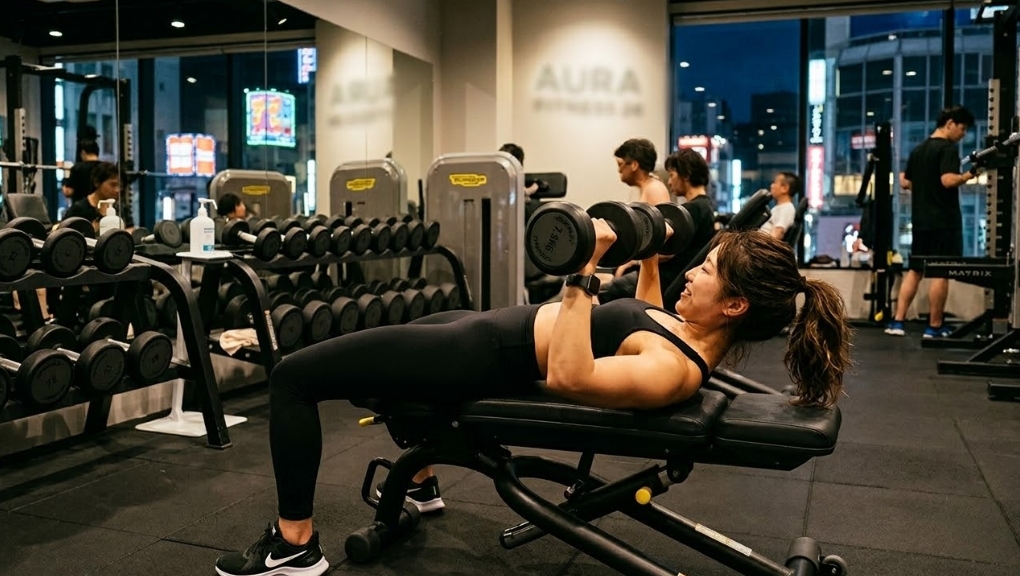 夜の都会の景色が見えるジム「AURA FITNESS 24」で、フラットベンチに横たわりダンベルチェストプレス(ダンベルプレス)をするアジア人女性。彼女の背後の大きな窓からはネオンサインやビル群が見え、鏡には他の男性利用者がトレーニングしている姿やジムのロゴが映っている。