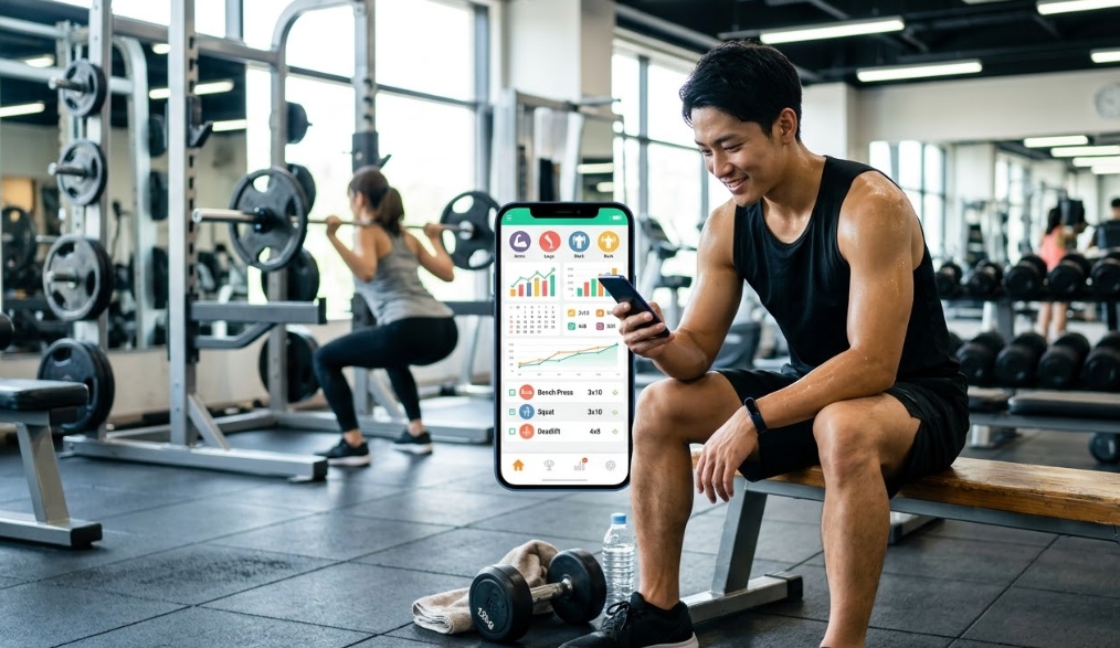 筋肉質の日本人男性がジムのベンチに座り、笑顔で自分のスマートフォンを見ている。スマートフォンの画面はクローズアップされ、そこにフィットネス記録アプリ(進捗グラフ、日付、トレーニングメニュー「Bench Press, Squat, Deadlift」とセット数「3x10, 3x10, 4x8」)が表示されている。背景のジムでは他の人々(女性がパワーラックでスクワットをしている)がトレーニングをしており、ベンチの近くにはダンベル、水、タオルがある。文字なし。