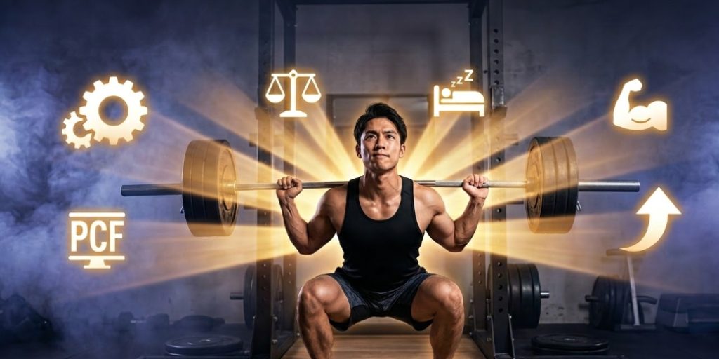 煙に満ちた暗いジム内。筋肉質の東アジア人男性がパワーラックでバーベルスクワットをしている深いつくばい姿勢。彼の後ろから強力な黄金色の光線が放射状に伸び、周囲に浮かぶ概念アイコンを照らしている。アイコンは、上部中央から時計回りに、天秤（栄養バランス）、ZZZ付きのベッド（休息）、屈曲した二頭筋（フォームチェック）、上向きのトレンド矢印（強度向上）、PCFテキスト付きのモニター（PCFバランス）、2つの歯車（プログラム調整）。全体として、ウェイトトレーニングにおける停滞打破の概念を視覚化している。