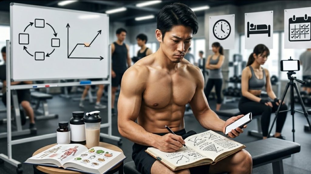 筋トレ2年目の伸び悩みを打破する日本人男性が、ジムでトレーニングノートに記入し、ピリオダイゼーションや睡眠、カレンダーのアイコンが背景にある中で戦略を練るアイキャッチ