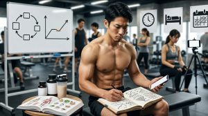 筋トレ2年目の伸び悩みを打破する日本人男性が、ジムでトレーニングノートに記入し、ピリオダイゼーションや睡眠、カレンダーのアイコンが背景にある中で戦略を練るアイキャッチ