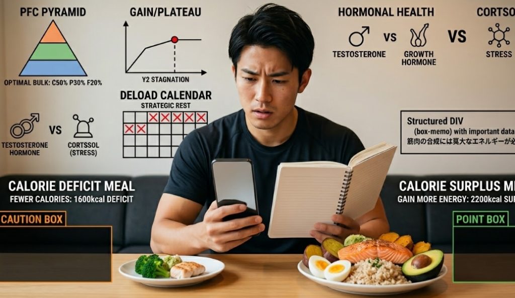 日本人男性がジムでトレーニングノートとスマートフォンを見ながら、筋肉の成長停滞を打破するために食事管理（カロリー過多 vs カロリー不足、PFCバランス）や戦略的休息の図解（PFCピラミッド、デロードカレンダーなど）を分析するアイキャッチ画像。