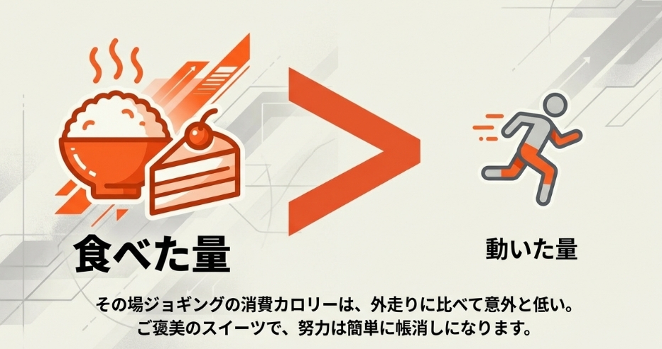 ご飯やケーキなどの食べた量がその場ジョギングで動いた量を上回ると痩せないことを示すイラスト