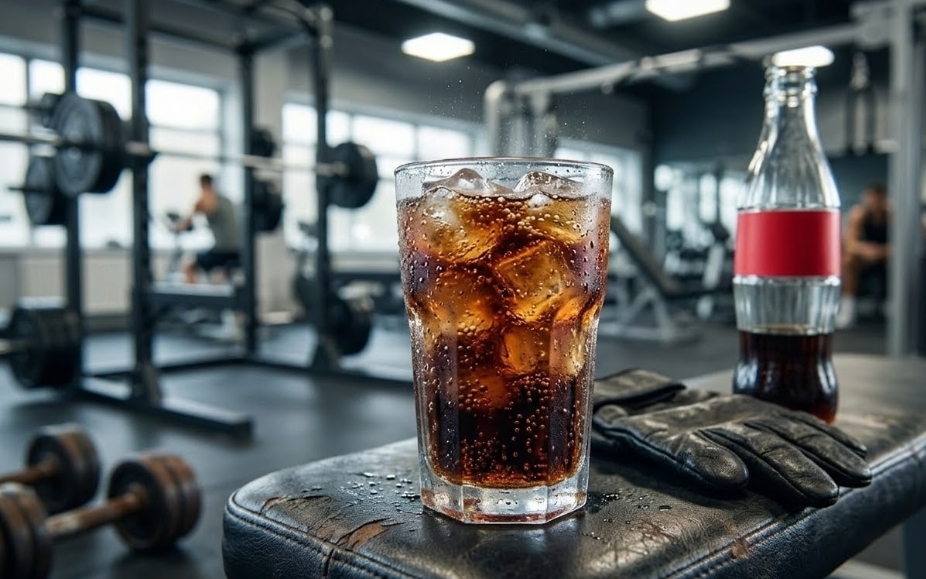 氷がたっぷり入ったコーラグラスと赤いラベルの瓶、そしてトレーニンググローブが、使い古されたジムベンチの上に置かれている。筋トレ中（イントラワークアウト）の即効性のエネルギー補給の準備を視覚的に表現しており、ぼやけた背景にはパワーラックやトレーニング中の人々が写っている