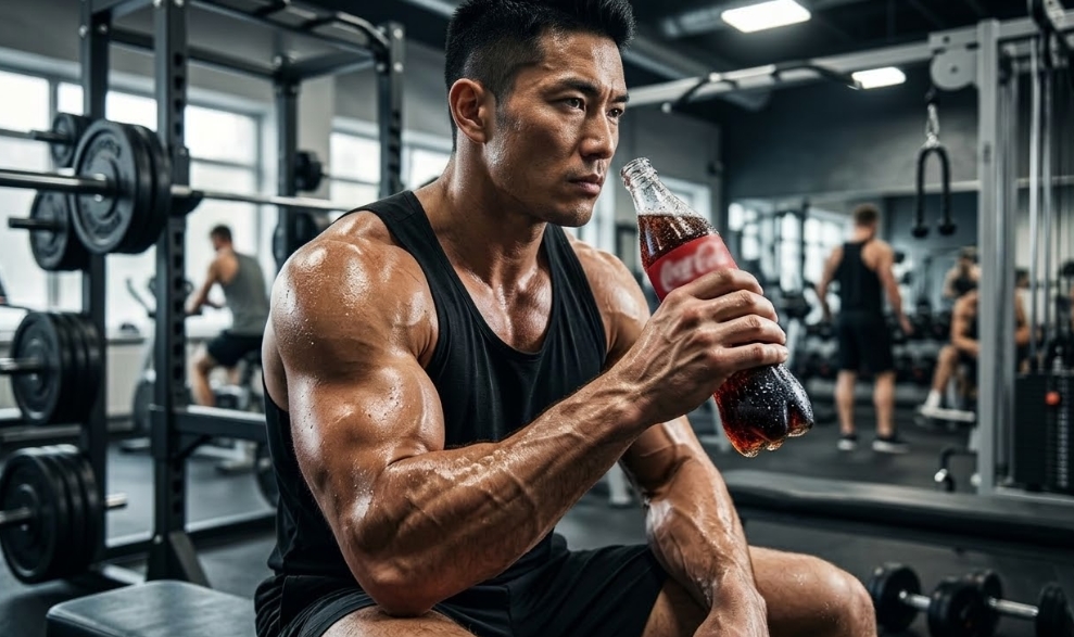 筋トレ中の筋肉質の男性がジムでコーラを飲んでいる写真。不健康なイメージを覆す、即効性のエネルギー補給という生化学的メカニズムを体現している。