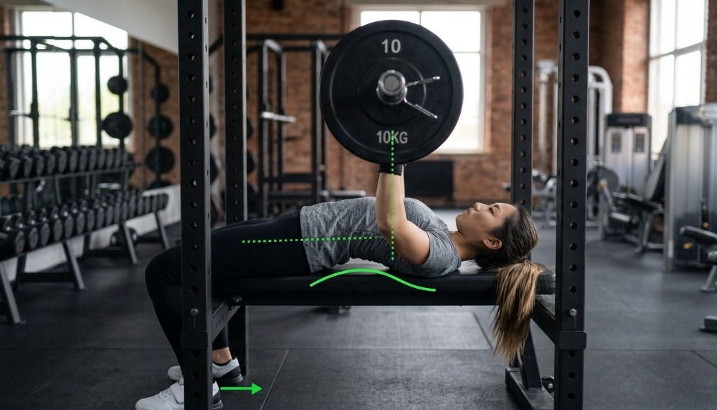 ジムのパワーラックでアジア人女性がベンチプレスを行う写真。女性は背中を適切にアーチさせており、緑色のグラフィックオーバーレイが正しいフォームを解説している。緑色の点線はバーベルの水平な位置と胸の中央へのタッチポイントを示し、緑色の曲線は背中の適切なアーチを強調している。