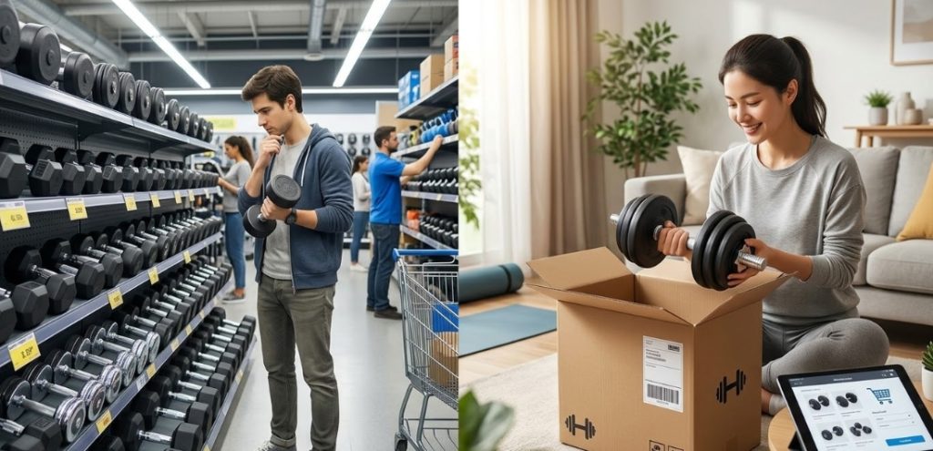 左側に実店舗の陳列棚で男性がダンベルを手に取る様子、右側に自宅で女性がネット通販で届いた可変式ダンベルを笑顔で段ボールから取り出す様子を描写した、ダンベルの購入体験比較画像。