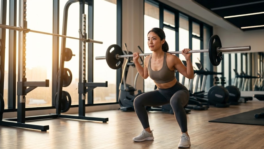 モダンな24時間ジムで、朝日を浴びながら完璧なフォームでバーベルスクワットを自信を持って行う日本人女性。パーソナルトレーニングで基礎を学び、独り立ちした姿を象徴。