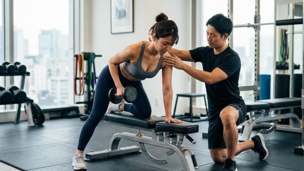 明るいパーソナルトレーニングスタジオで、日本人女性トレーニーがベンチに片手と片膝をつき、ワンハンドダンベルロウ(one-arm dumbbell row)を行う。日本人男性パーソナルトレーナーが、彼女の背中と肩のアライメントを確保するために手を添えてハンズオンでフォーム指導をしている。大きな窓からは都市の街並みが見え、サポートと集中した雰囲気を示している。