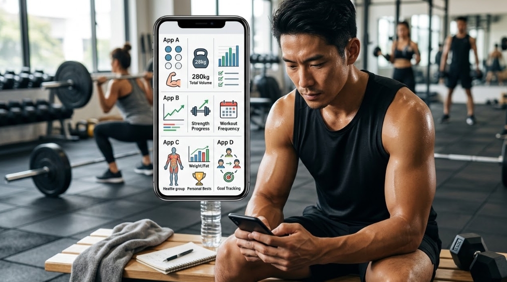 ジムのベンチに座り、汗をかいてスマートフォンを見ている筋肉質の男性。彼の前に、4つの異なる筋トレ記録アプリ(App A、B、C、D)の機能(ボリューム管理、強度進捗、ヒートマップ、体重、自己ベスト、目標追跡など)がアイコンとグラフで比較されたスマートフォンの画面が浮いている。背景では、他の人がスクワットなどのトレーニングをしている。ベンチには水筒、タオル、ノートがある。