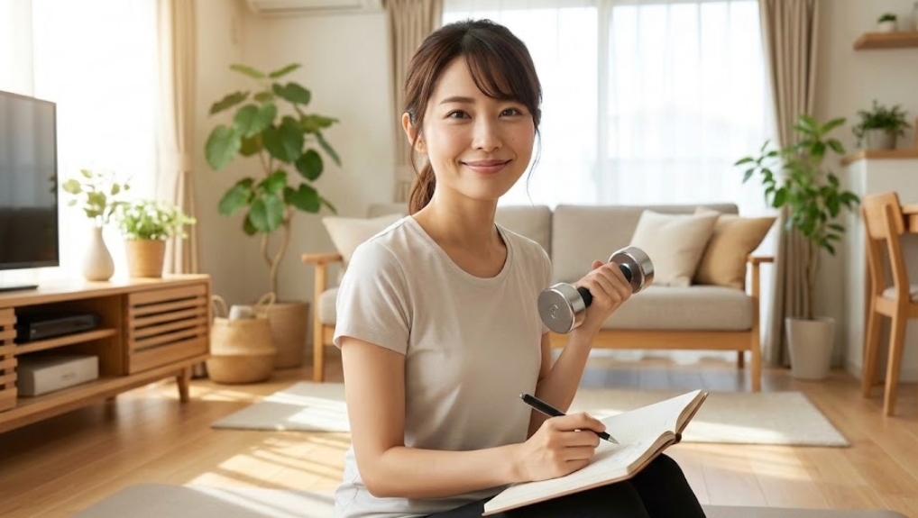 明るいリビングでヨガマットの上に座り、ダンベルとノートを持って微笑む若い日本人女性。自宅での筋トレ継続と習慣化を表すイメージ。
