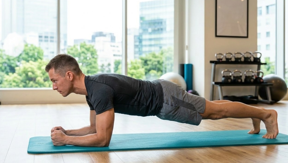 モダンなジムで、ティール色のヨガマットの上で前腕プランクのエクササイズをしているフィットネス男性。背景の大きな窓からは都市の景観が見え、ケトルベルラックやバランスボールが配置されている。