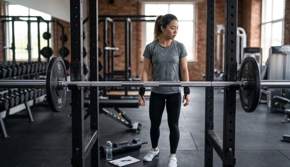 モダンなジムのパワーラックの前で、40kg(10kgプレート2枚)の重量がロードされたバーベルを集中して見つめる日本人女性トレーニー。彼女はリストラップを着用し、これからセットを始める準備をしている。背景には他のジム設備と大きな窓が見える。
