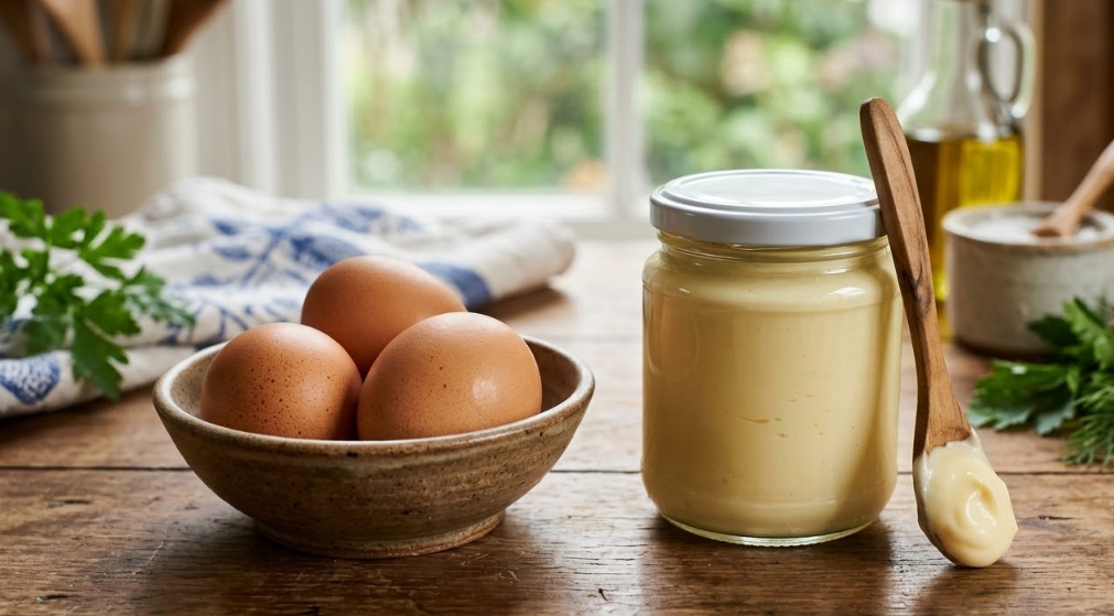 自然光が差し込む窓辺の木製テーブル。陶器のボウルに入った数個の茶色の卵と、白い蓋付きのガラス瓶に入った自家製マヨネーズが並んでいる。瓶にはマヨネーズが乗った木製スプーンが寄りかかっている。背景にはキッチン用品、ハーブ、キッチンタオルが見える。文字やロゴはない。