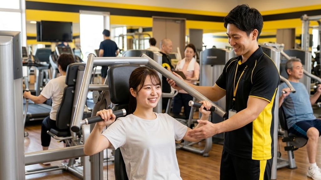 黄色と黒のストライプ模様が特徴的なゴールドジム風のジムで、日本人トレーナーから指導を受ける若い日本人女性。女性はチェストプレスマシンを使いながら笑顔で、隣に立つトレーナーも笑顔で女性のフォームをチェックしている。背景には他の利用者がトレーニングをしている様子が見える。
