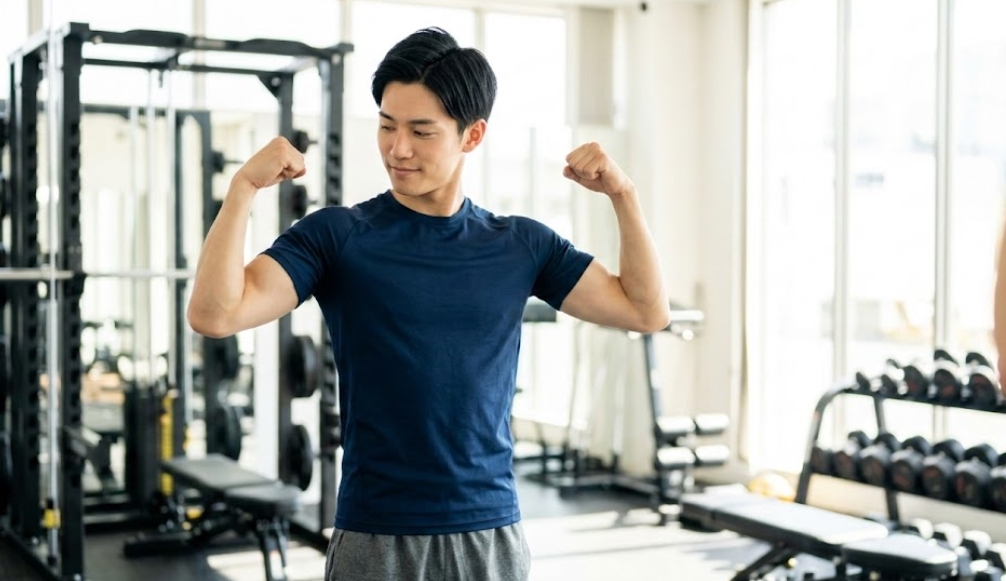 明るいジムの鏡の前で、力こぶ（ダブルバイセップス）を作り、自分の筋肉定義を嬉しそうに確認している、痩せ型だが鍛えられた若い日本人男性。