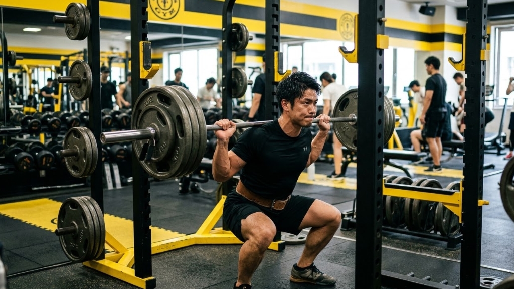 ゴールドジムのパワーラック内で、バーベルを担いでスクワットをしている男性。黄色と黒の配色、多数のウエイトプレート、背景の他の利用者が写っている。