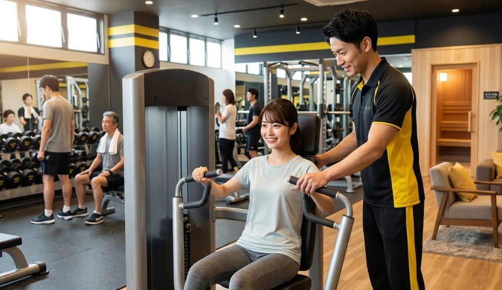 ゴールドジムでチェストプレスマシンを使い、日本人トレーナーから指導を受ける若い日本人女性。笑顔でトレーニング。背景にはサウナや他の利用者、フリーウエイトエリアが見える。