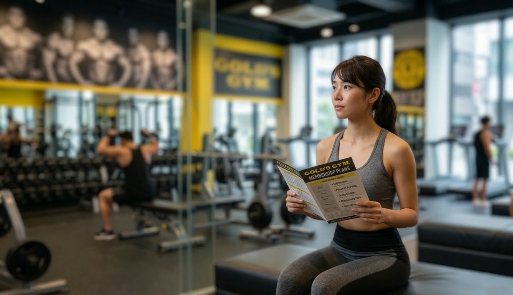 ゴールドジムの店内で、グレーのスポーツウェアを着た日本人女性が、「GOLD'S GYM MEMBERSHIP PLANS」と書かれたパンフレット(入会プラン)を読んでいる。背景には様々なトレーニング機器、他のトレーニング中のメンバー、そしてミラーに映ったゴールドジムのロゴが見える。床は黒いマットが敷かれている。