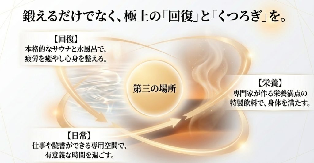 サウナや水風呂、ワークスペースを備えたゴールドジムの充実した回復空間