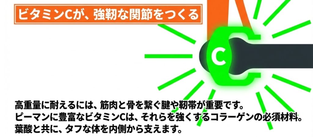 ビタミンCが強靭な関節をつくり、高重量に耐えるタフな体を内側から支えるケガ予防効果を示すスライド