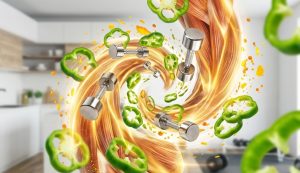 筋肉の繊維、ピーマンの輪切り、ダンベルが螺旋状に融合し、エネルギーバーストが起こっている様子。ボディメイクにおけるピーマンの栄養学的相乗効果を文字なしで表現した、ダイナミックなアイキャッチ画像です。