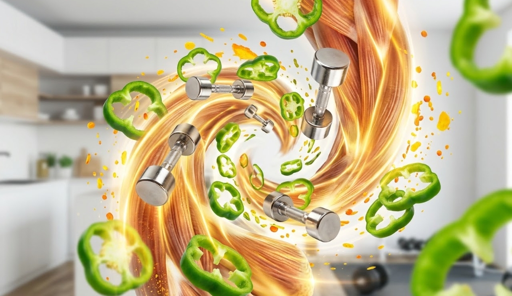 筋肉の繊維、ピーマンの輪切り、ダンベルが螺旋状に融合し、エネルギーバーストが起こっている様子。ボディメイクにおけるピーマンの栄養学的相乗効果を文字なしで表現した、ダイナミックなアイキャッチ画像です。