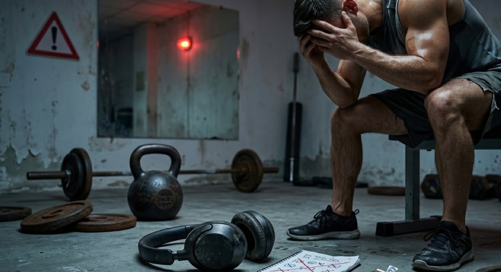 暗く、荒れ果てた、錆びた重りが散乱するコンクリート床のジムで、疲れ果てた筋肉質の男性アスリートがベンチにうなだれている。彼の顔は両手で覆われ、極限の疲労と苦悩を表現している。彼の隣の床には、過負荷を暗示するように真っ赤なバツ印が書き殴られたトレーニング計画のノート、使い古された黒いヘッドフォン、空のエナジーゼリーが放り出されている。壁には文字なしの赤い三角形の「注意」警告サインがあり、赤い非常灯の反射が、山積みの未使用のケトルベルやバーベルプレートを照らしている。冷たく、重く、圧迫感のあるトーン。