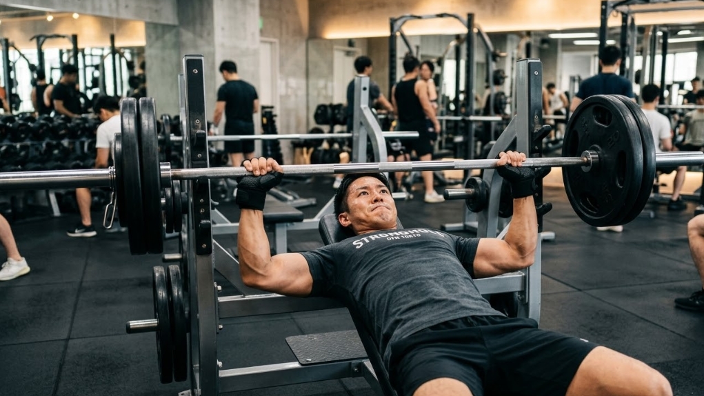 活気のあるジムで、バーベルを握り、集中的な表情でベンチプレスを行う、黒いトレーニングウェアを着た筋肉質な日本人男性。背景には他の利用客やトレーニング器具、鏡が見える。