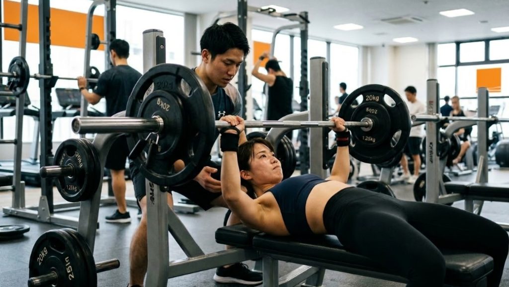 明るいジムで、紺色のスポーツブラと黒いレギンスを着用した女性がベンチプレスのベンチに横たわり、バーベルを持ち上げようとしている。彼女の後ろに男性が立ち、バーベルに手を添えて補助（スポット）をしている。女性の手首にはリストラップが巻かれている。背景には他のジム機器や運動する人々が見える