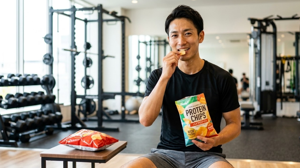 ジムで普通のポテトチップス（横のテーブル）ではなく、プロテインチップス（手に持つ袋）を笑顔で食べる日本人男性