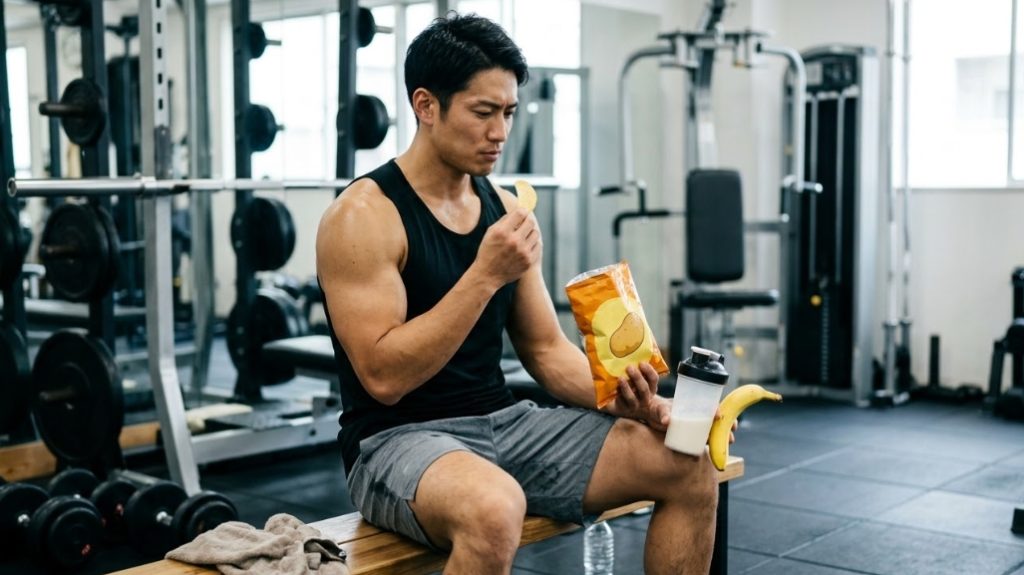 タンクトップ姿の筋肉質な日本人男性が、ジムのベンチに座り、右手にポテトチップスの袋（オレンジ色、ポテトのイラスト入り）を持って食べている。左手にはプロテインシェーカーとバナナを持っている。背景にはパワーラックやダンベルなどのトレーニング器具が見える。
