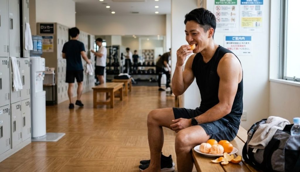 黒いタンクトップとショーツ姿の筋肉質な男性が、ジムの更衣室のベンチに座り、満足そうな笑顔で皮をむいたみかんを食べている。彼の隣の皿には、むかれたみかんの皮がいくつか載っており、ジムバッグも置かれている。背景には、ロッカー、ウォーターサーバー、他の男性利用者数人、案内掲示板があり、窓からは自然光が差し込んでいる。