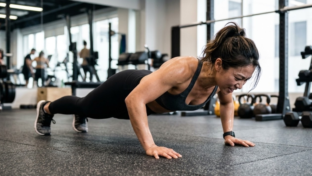 ジムのゴムマットの上で、スポーツブラとレギンスを着用したアジア人女性トレーニーが、低いアングルから集中した表情で正しいフォームの腕立て伏せ(プッシュアップ)をしている様子。彼女の肌には汗が滲んでおり、背景にはパワーラック、ダンベルラック、他のジム利用者がぼやけて見える。