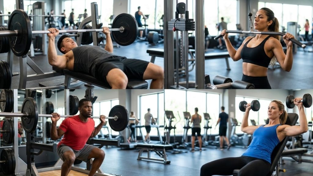 ジムでトレーニングに励む人々の様子を描いた4分割のコラージュ画像。左上はインクラインベンチプレスを行う男性、右上はラットプルダウンを行う女性、左下はバーベルスクワットを行う男性、右下はダンベルプレスを行う女性。背景は明るいジム。
