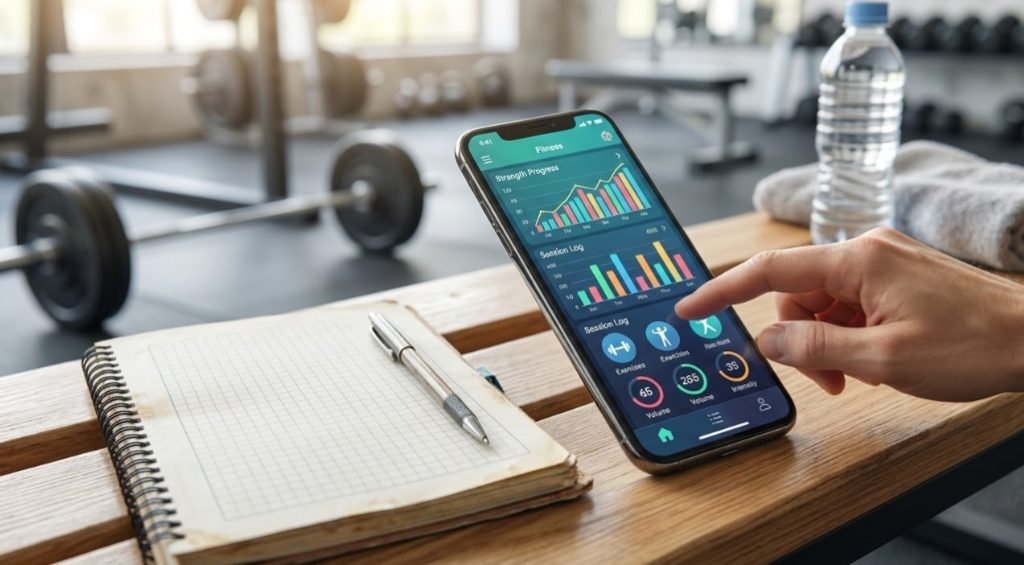 自然光が差し込む明るいジムの中で、木製ベンチに置かれた開いたノートとボールペン。その隣で、フィットネスアプリの進捗グラフやトレーニングデータ(ボリューム、レップ、セット、強度)が表示されたスマートフォンの画面を、人の手が指でタップしている。背景にはバーベルやダンベルラック、水筒、タオルがぼかされている。筋トレ記録をアナログからデジタルへ移行する様子。