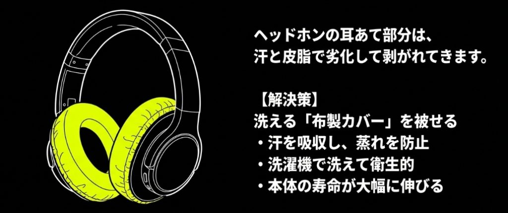ヘッドホンのイラストと「耳あてがボロボロになるのを防ぐ裏技、洗える布製カバーを被せる」のテキスト