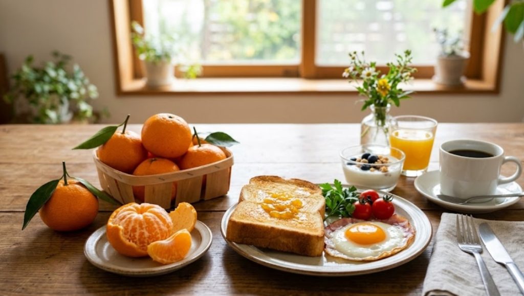 自然光が差し込む窓辺の木製テーブルの上に並べられた、健康的な朝食のシーン。前景の小さな皿には剥かれたみかんのセグメントと皮があり、大皿にはジャム付きのトーストと目玉焼きが載っています。背景には丸ごとのみかんが入った木のバスケットと、シリアル、ブルーベリー、コーヒーがあります。窓の外には緑の葉が見えます。