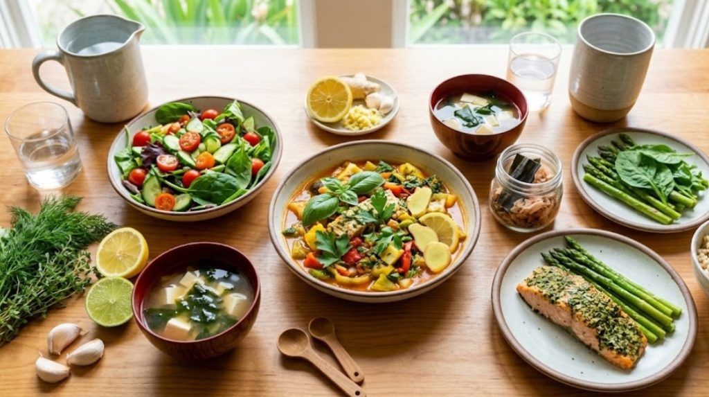 木目調のテーブルの上に、新鮮な野菜のサラダ、ハーブ焼きサーモン、アスパラガス、野菜の煮込み料理、味噌汁、玄米、ハーブ、レモン、ライム、ニンニクなどが並んだ、健康的な家庭料理の食卓。自然光が差し込む窓辺。