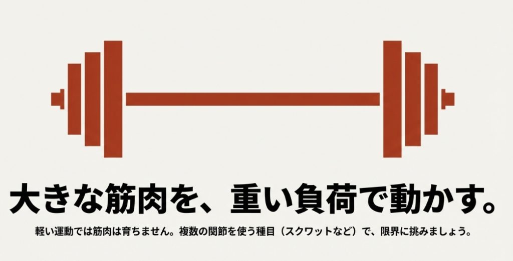 複数の関節を使う種目で限界に挑み、重い負荷で筋肉を育てることを示すバーベルのアイコン
